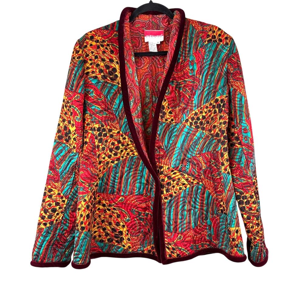 Vintage 80s Oscar De La Renta Studio Womens10 Quilted Silk Patchwork Jacket Mint
